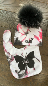 Custom tie dye pom hat and bib set