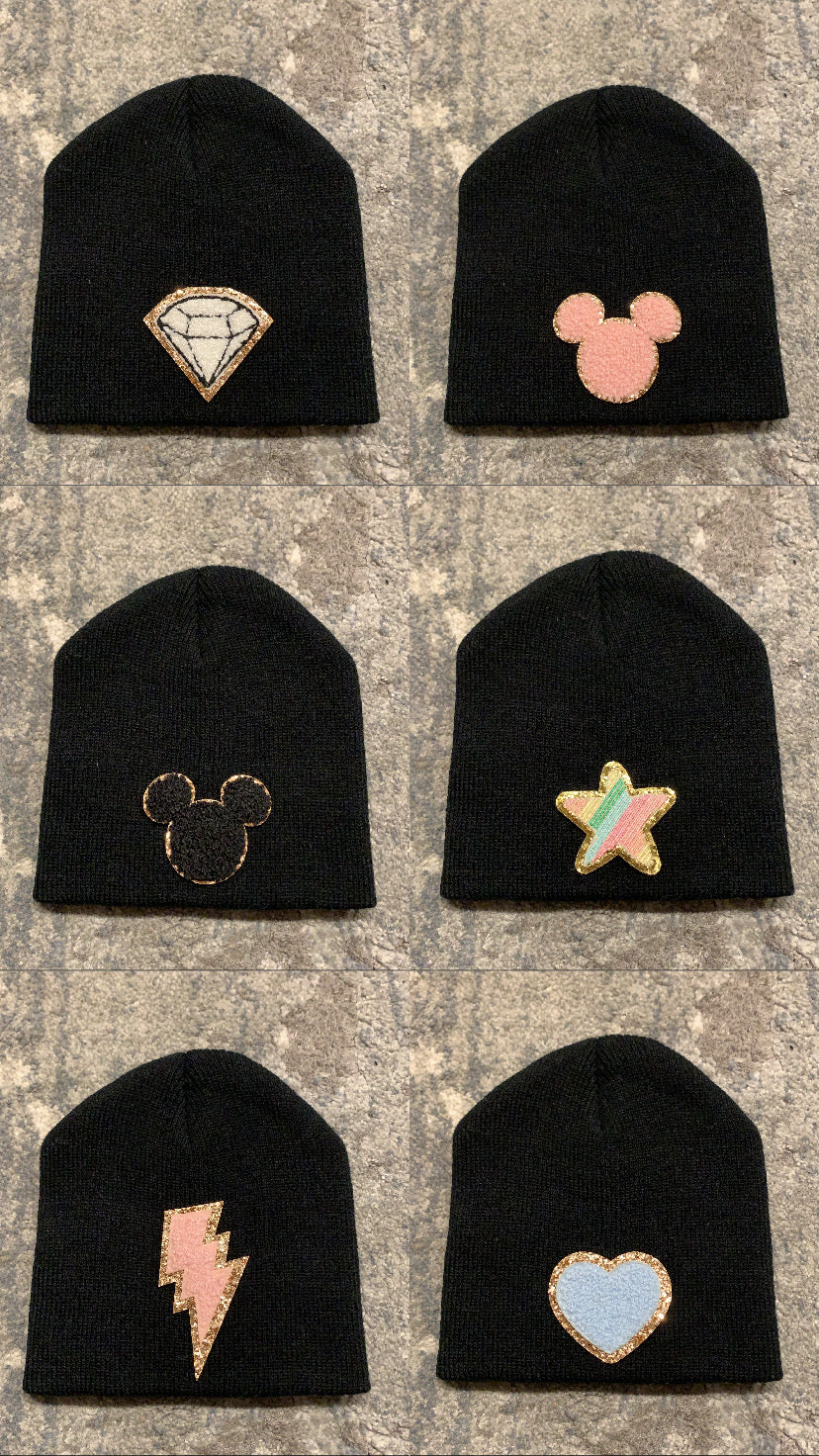 NEW patched beanies (fuzzy glitter patches)