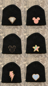 NEW patched beanies (fuzzy glitter patches)