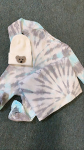 Tie dye footie + swaddle + hospital hat