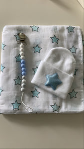 Swaddle, Hospital hat, and Pacifier clip set