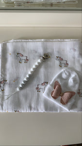 Swaddle, Hospital hat, and Pacifier clip set