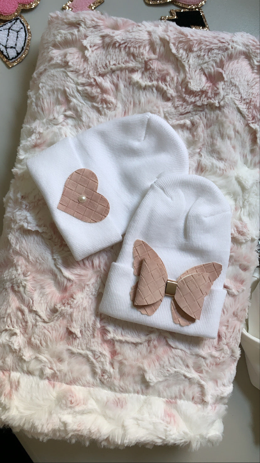 Pink owl stroller blanket + 2 hospital hats set