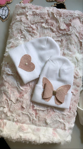 Pink owl stroller blanket + 2 hospital hats set