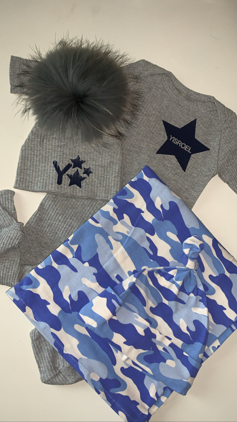 Blue camo swaddle w knot hat