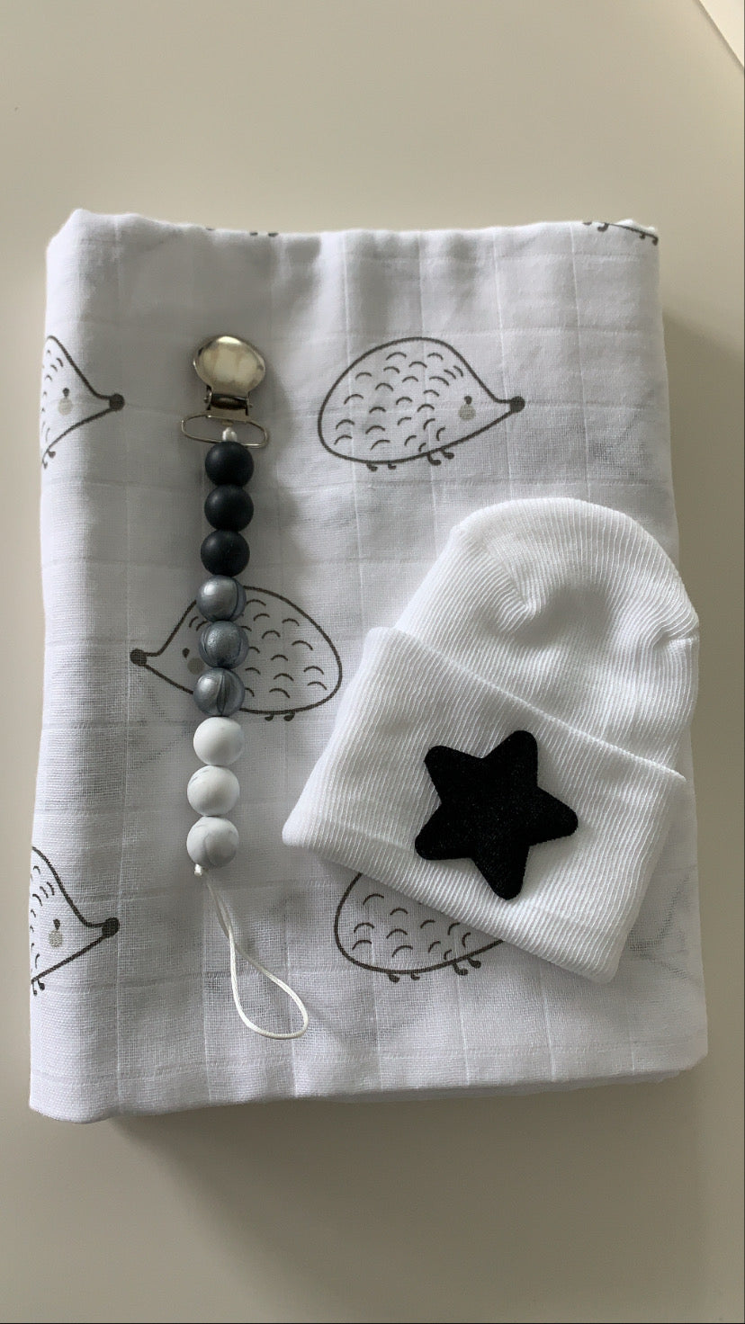 Swaddle, Hospital hat, and Pacifier clip set