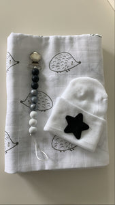 Swaddle, Hospital hat, and Pacifier clip set