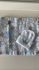 Swaddle, Hospital hat, and Pacifier clip set