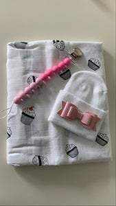 Swaddle, Hospital hat, and Pacifier clip set