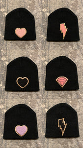 NEW patched beanies (fuzzy glitter patches)