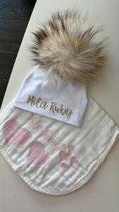 Custom tie dye pom hat and bib set