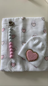 Swaddle, Hospital hat, and Pacifier clip set