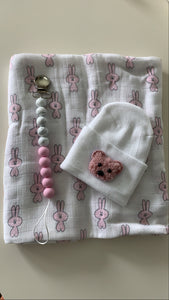 Swaddle, Hospital hat, and Pacifier clip set