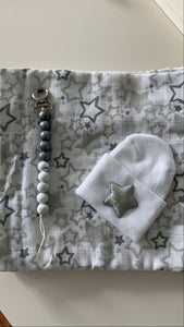 Swaddle, Hospital hat, and Pacifier clip set