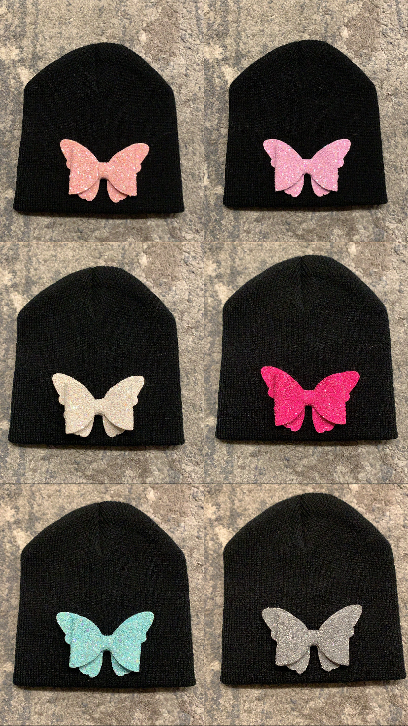 NEW patched beanies (bows/butterflys)