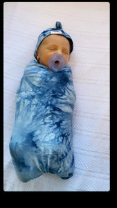 Blue tie dye swaddle and knot hat