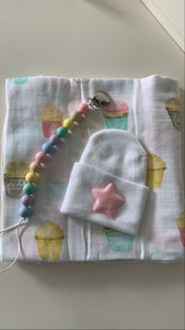 Swaddle, Hospital hat, and Pacifier clip set