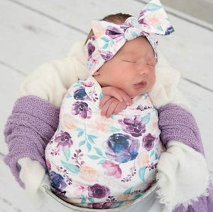 Bright floral swaddle + headband + knot hat