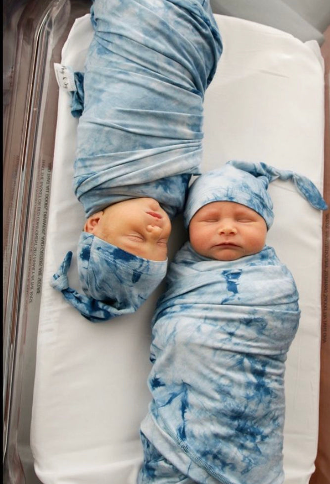Blue tie dye swaddle set (includes knot hat)